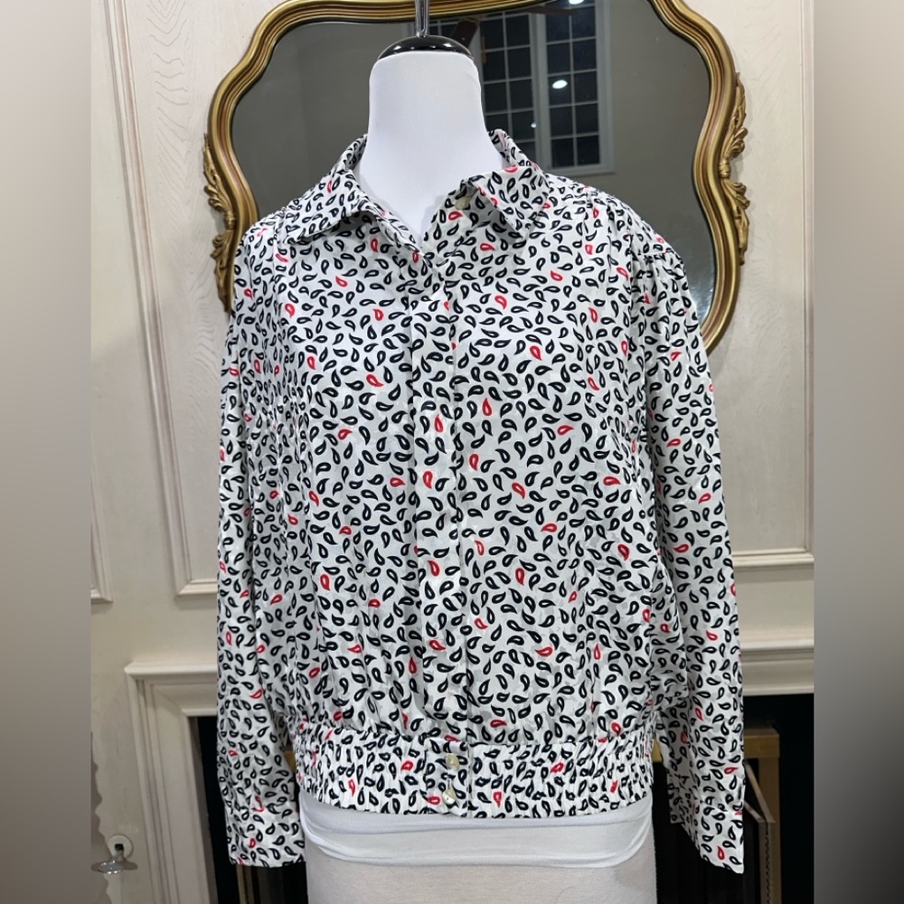 Lilli Ann Collections Blouse White Black Paisley Elastic‎ Waist Vintage 80s Mod